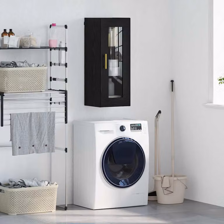 Pensile moderno vidaXL in rovere nero con ante in vetro e ripiani interni, L/P/H: 34,5 x 34 x 90 cm