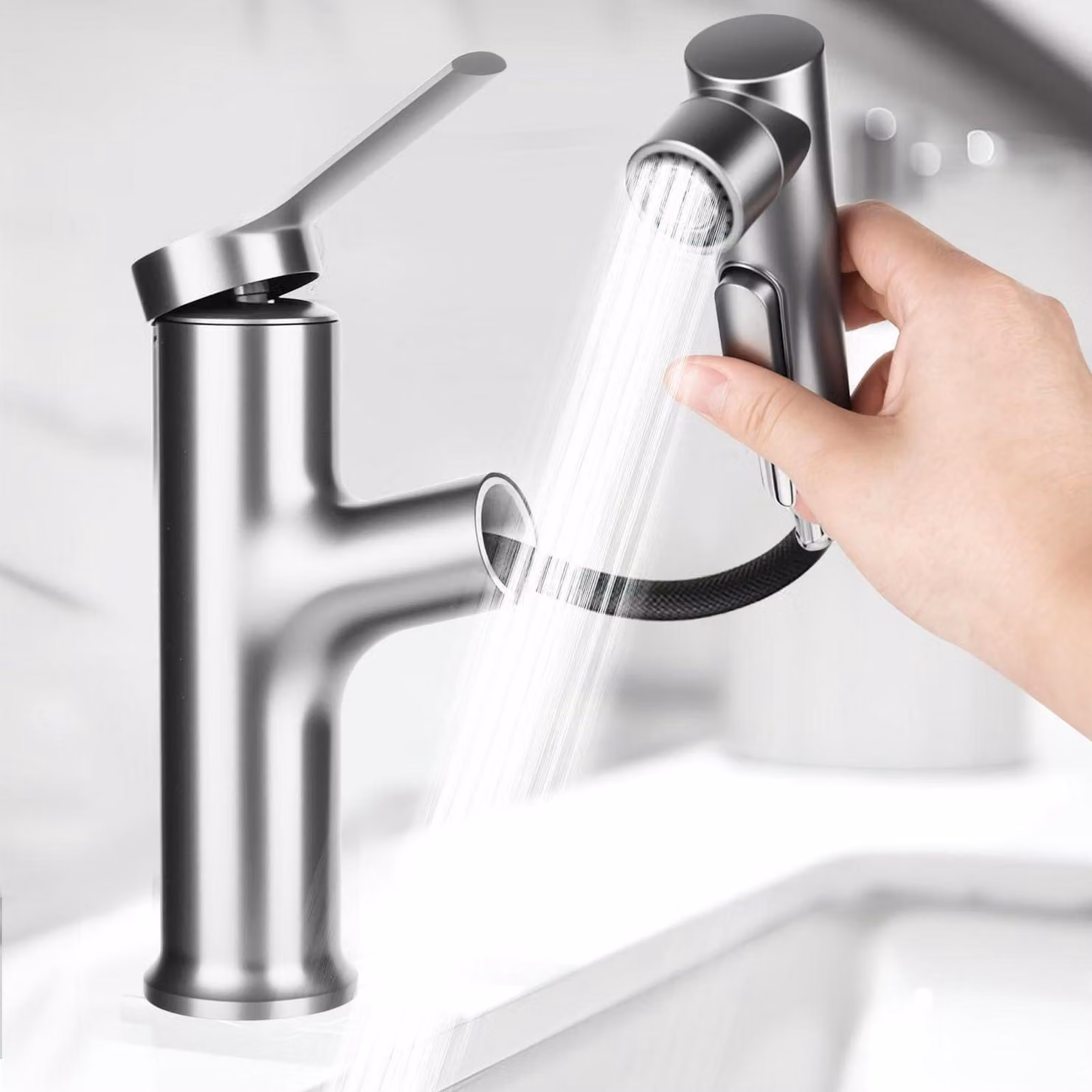 Miscelatore monocomando per lavabo con doccetta estraibile, 3 getti, colore grigio gunmetal