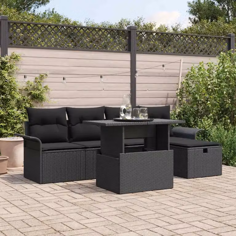 Set Divano da Giardino a L vidaXL 6 Pezzi Nero con Cuscini e Tavolino in Polyrattan e Acciaio