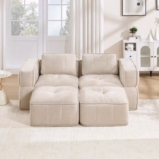 Divano 2 posti con 2 poggiapiedi ¨C Minimal ¨C Beige tessuto morbido