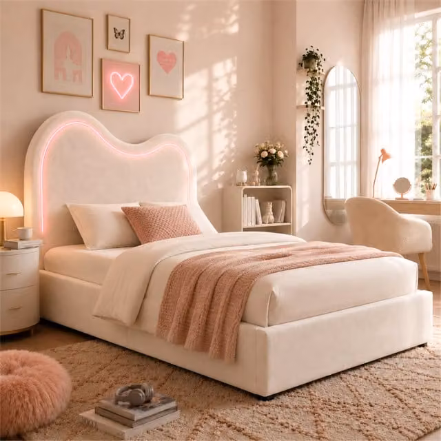 Letto singolo imbottito 90x200 in velluto beige con contenitore e testiera illuminata