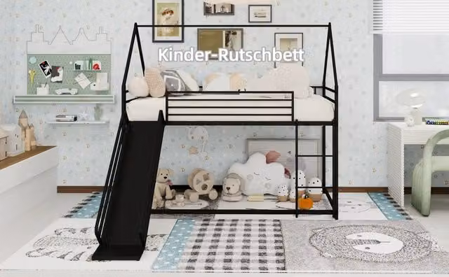 Letto a castello per bambini in ferro nero 90x190 cm con scivolo, forma a casetta e scala, senza materasso a molle