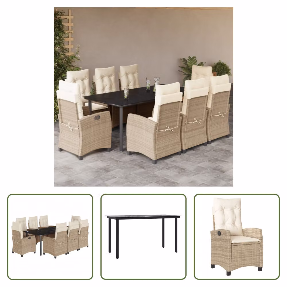 The Living Store Set da pranzo da giardino 9 pezzi con cuscini Beige poly rattan