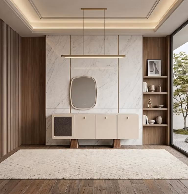 Mobile bar/contenitore con specchio, design moderno, colore beige, elegante, ideale per il soggiorno