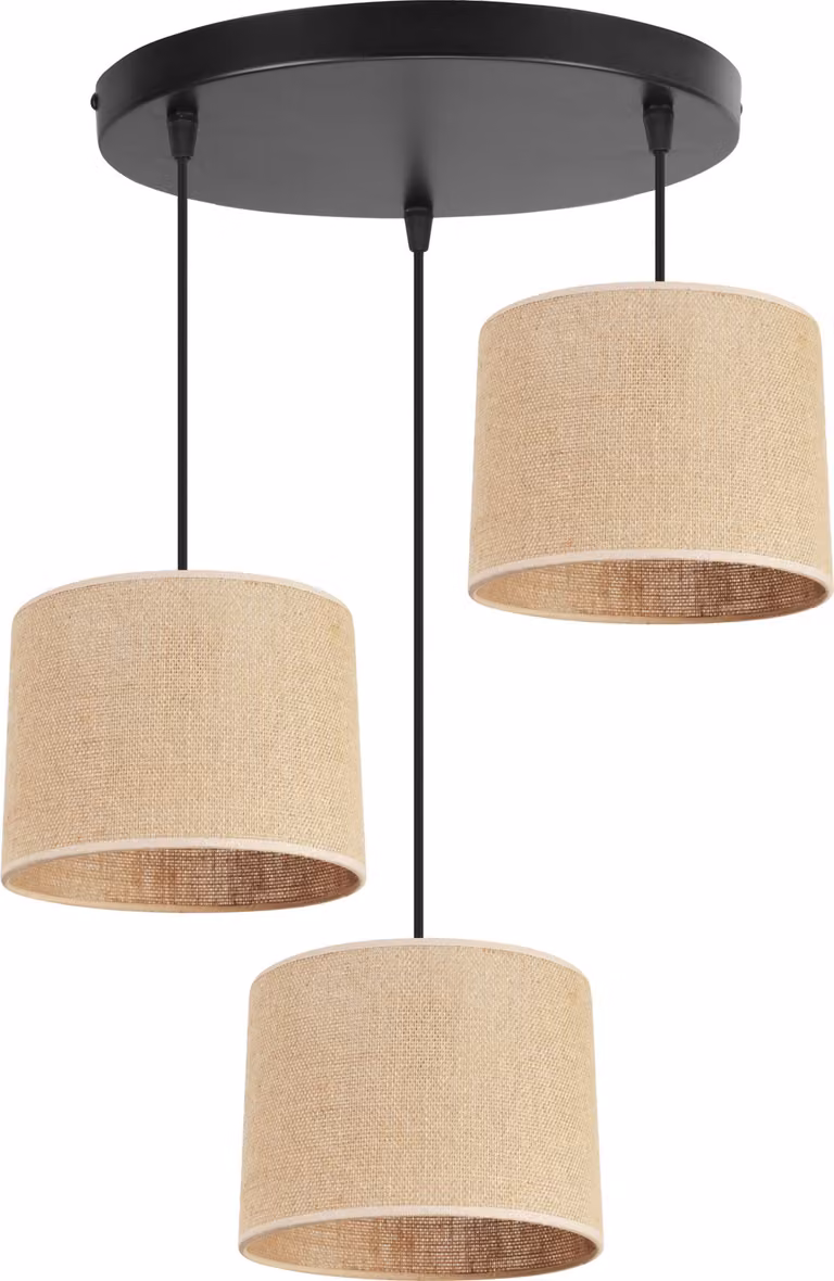 Light-Home Juta lampada a sospensione - Metallo con paralume in tessuto - E27 - OV 3 lampadine 20 cm - Base nera e juta