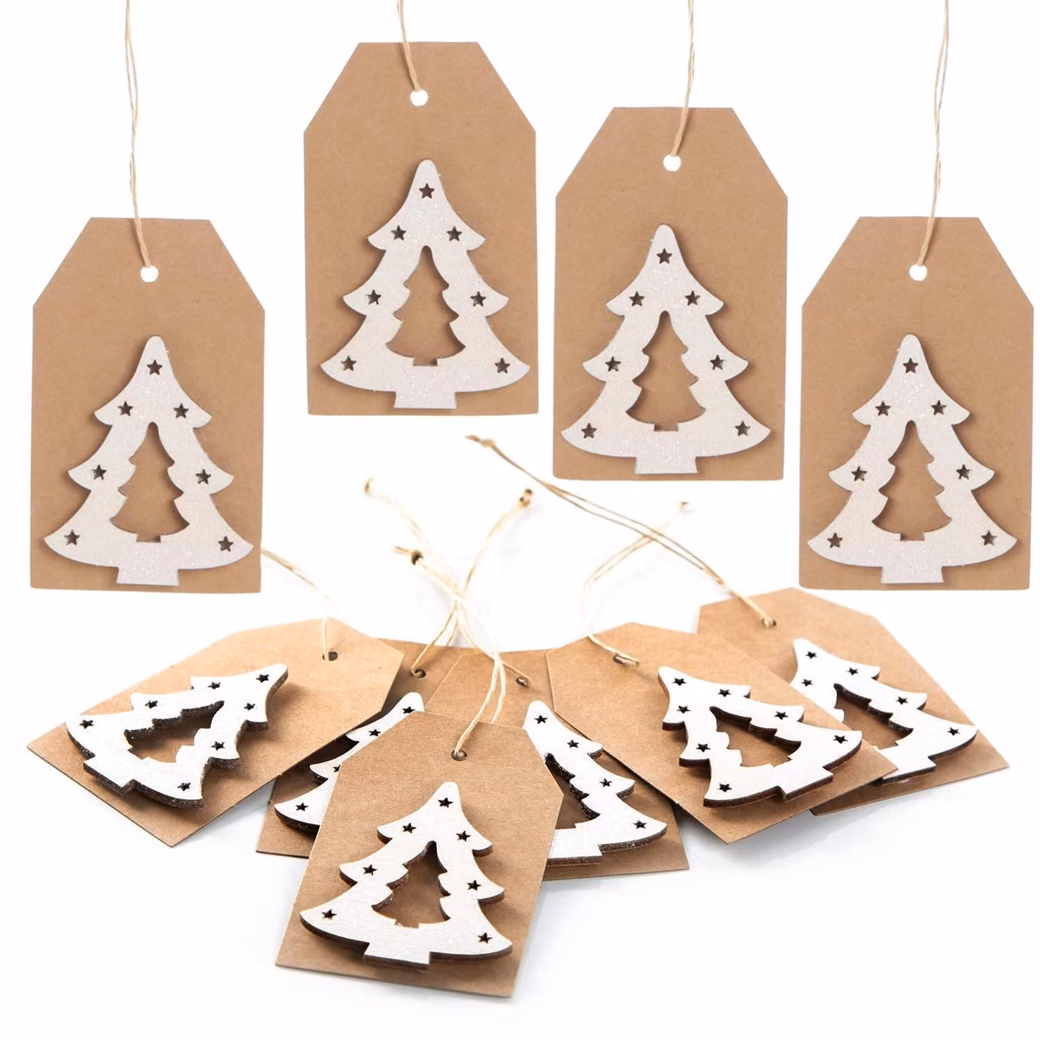 10 etichette in carta kraft con motivo di albero di Natale, bicolore marrone e bianco, dimensioni 9,5 x 5,5 cm