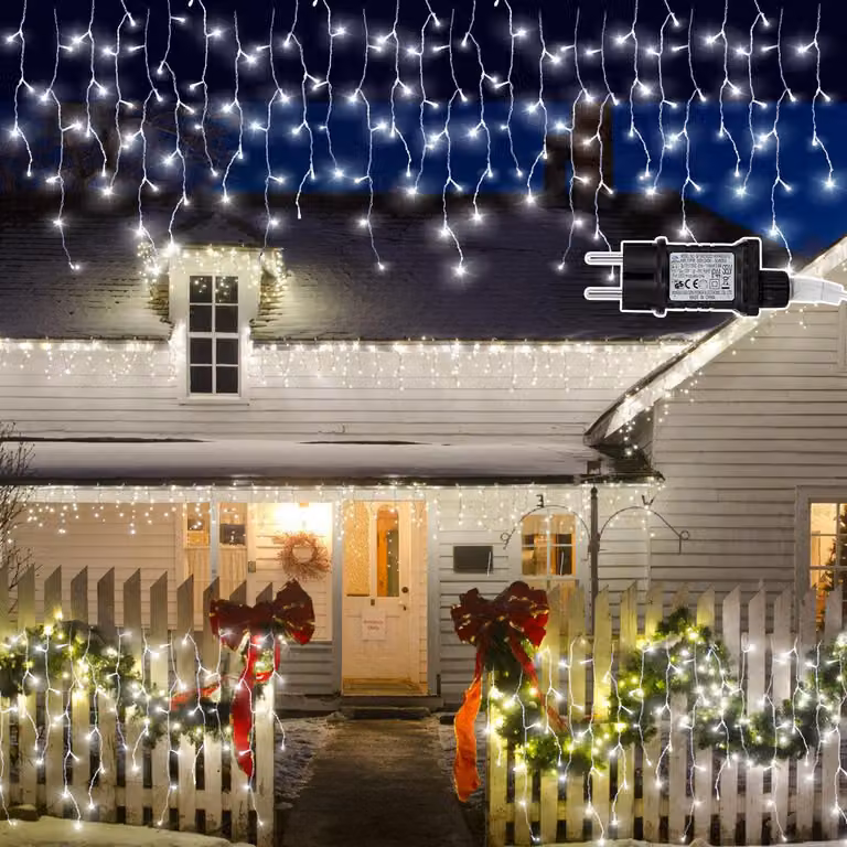 Ikodm, 600 LED, catena luminosa a forma di cristallo di ghiaccio, 15 metri, luce bianca fredda, 8 effetti luminosi con funzione di memorizzazione, decorazioni natalizie per finestre e feste