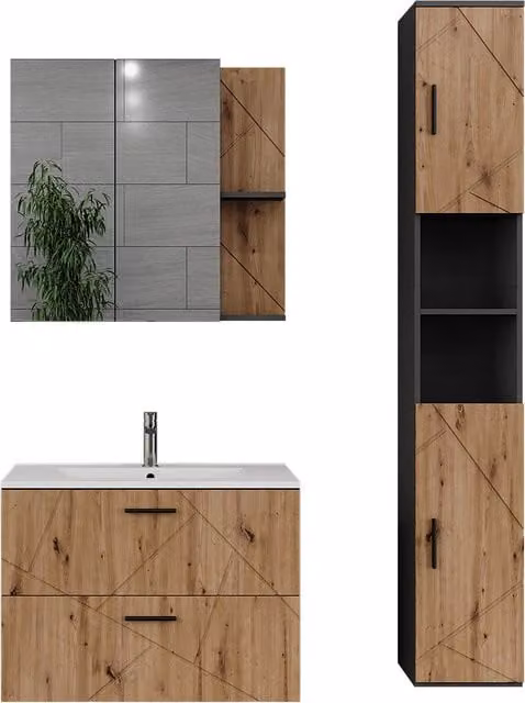 Set di mobili da bagno Irma Antracite/Rovere dorato 3 pezzi Vicco