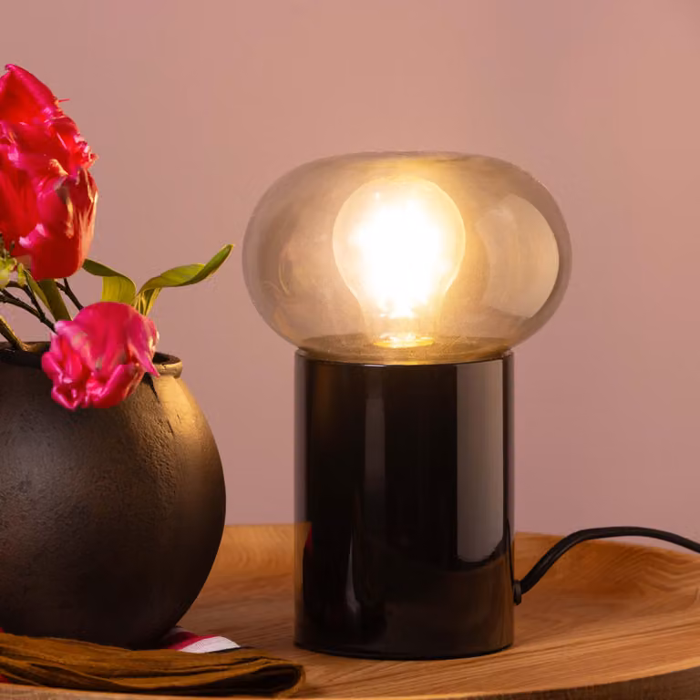 Lampada da tavolo BRILLIANT con vetro fumé KNUT | Altezza 22 cm | E27 | nero opaco