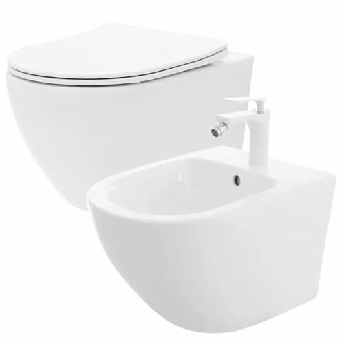 Rea - Set Vaso Wc Carlo Flat Mini Rimless + Bidet Carlo Mini Sanitari Bagno In Ceramica Coprivaso In Duroplast (Bianco)