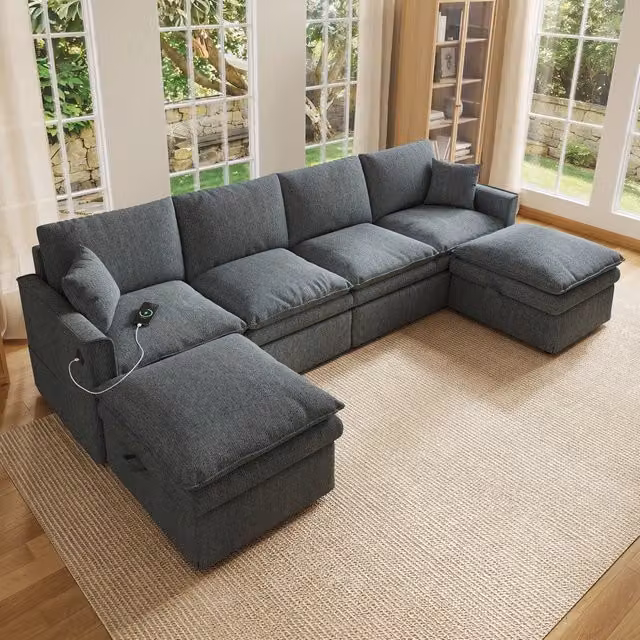 Divano modulare 6 posti 277.0x135.0x80.0 cm a U o L con 2 pouf contenitore in cotone lino grigio