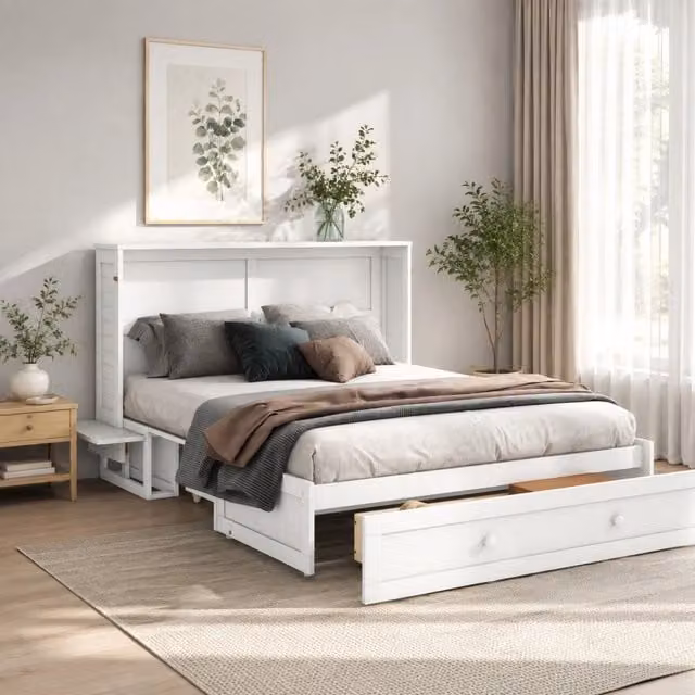 Letto a scomparsa REDOM bianco in pino e MDF con cassetti e ripiani L/P: 140 x 200 cm