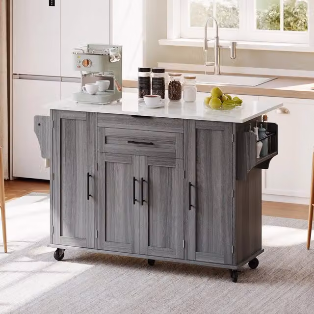 Isola da cucina mobile WISHDOR moderna in grigio con piano estraibile, cassetti nascosti e ripiani regolabili L/P/H: 120 x 45 x 92 cm