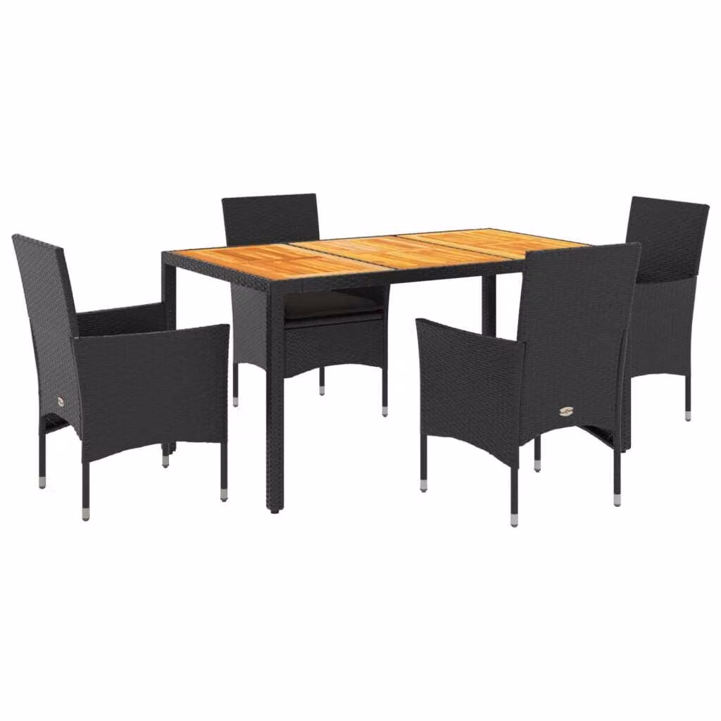 Set Pranzo da Giardino 5 pz con Cuscini Nero Polyrattan Acacia