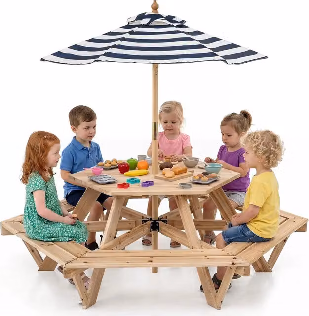 Tavolo da Picnic Esagonale per Bambini Costway in Legno di Abete con 6 Panche e Ombrellone a Righe per Giardino, Terrazzo o Cameretta