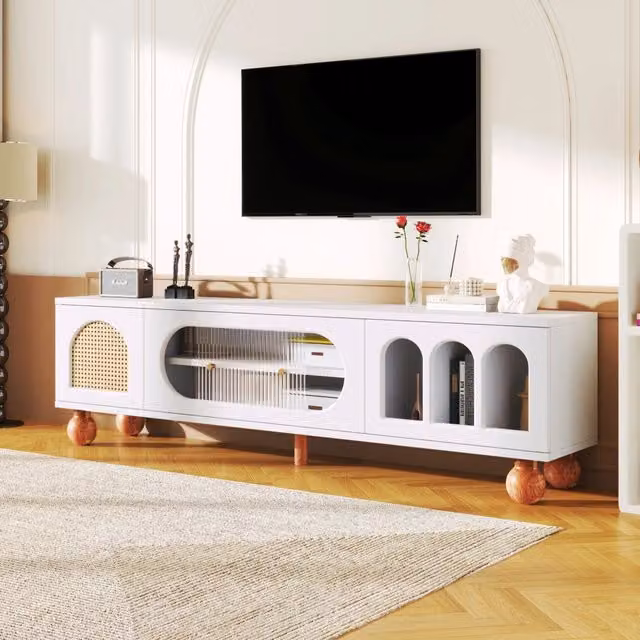 Mobile TV con ante effetto rattan, anta scorrevole in vetro e vani ad arco, per soggiorno, bianco, 170 × 47 × 37 cm