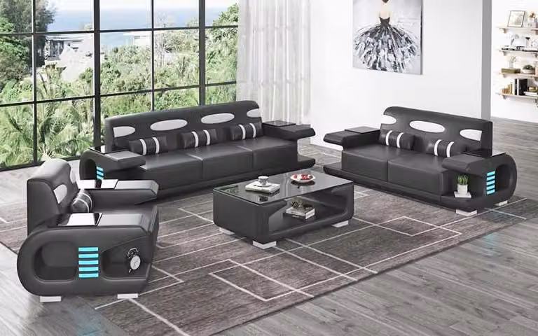 Couchgarnitur Sofagarnitur Ledersofas Sofa Komplette 3tlg Schwarz Set