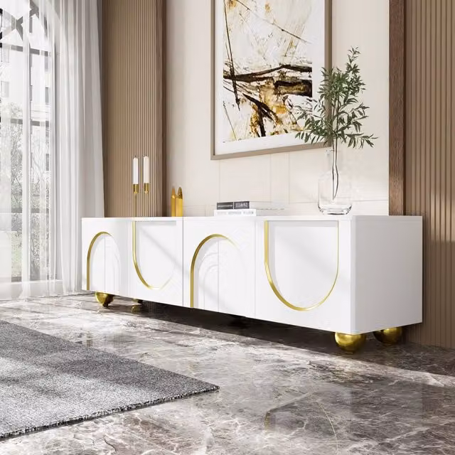 Mobile TV 170x38x44 cm; ante push-to-open con dettagli oro; pannello truciolare bianco
