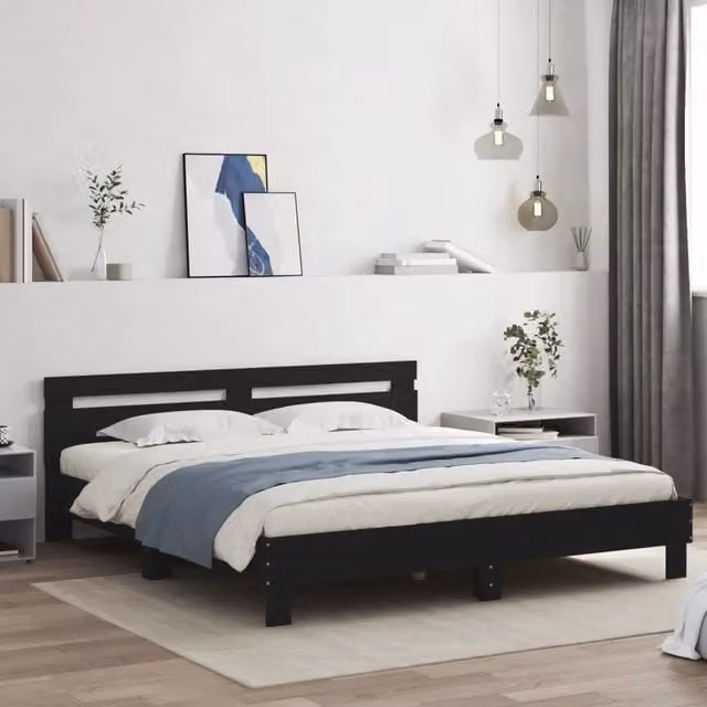 Letto matrimoniale con testiera vidaXL nero con illuminazione LED e porta USB L/P/H: 180 x 200 x 30 cm