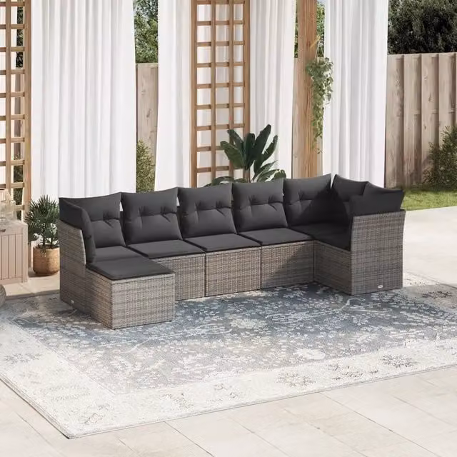 Set Divani da Giardino 7 pz con Cuscini Grigio in Polyrattan 3217970