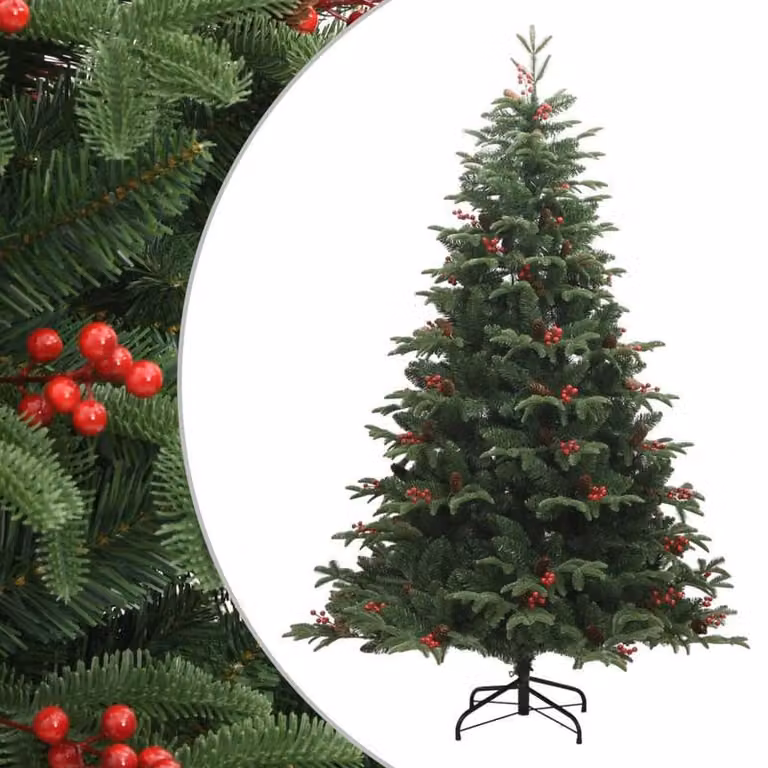 Albero di Natale artificiale, altezza 180 cm, con decorazioni a forma di pigne e bacche, dotato di sistema a cerniera