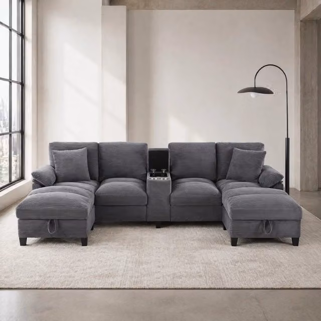 Divano a U REDOM in velluto a coste grigio con porta bicchieri e ricarica USB, L: 293 cm, P: 142 cm, H: 93 cm