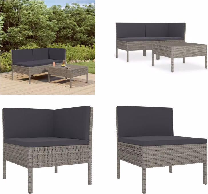 vidaXL Set salotto da giardino 3 pezzi con cuscini in poly rattan grigio - Set di mobili da giardino - Set di mobili da giardino - Set di mobili da giardino - Set da giardino