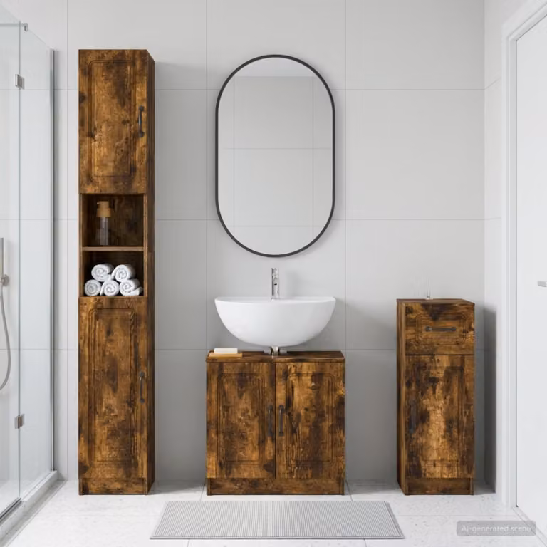 Set di 3 armadietti da bagno moderni vidaXL UTRECHT in legno Rovere Fumo marrone, con mobile alto, mobile lavabo e mobile laterale, L/P/H: 190 x 30 x 31 cm, 48.89 x 31 x 30 cm e 31 x 30 x 30 cm