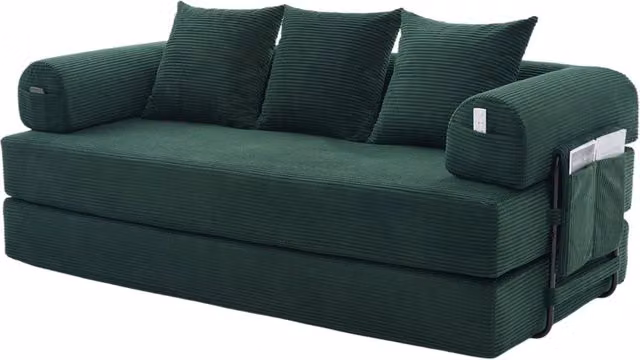 Divano modulare compressibile con struttura metallica robusta, rivestimento in tessuto verde smeraldo e 3 cuscini inclusi