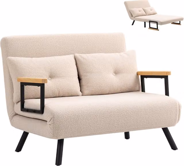 Divano Letto 2 Posti Reclinabile Effetto Velluto Beige e Nero con 2 Cuscini Robusto per Soggiorno