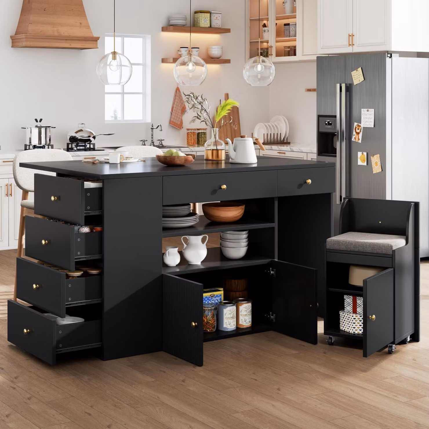 Isola da cucina con piano di lavoro pieghevole e sgabelli, dimensioni 140x40(70)x89 cm, colore nero