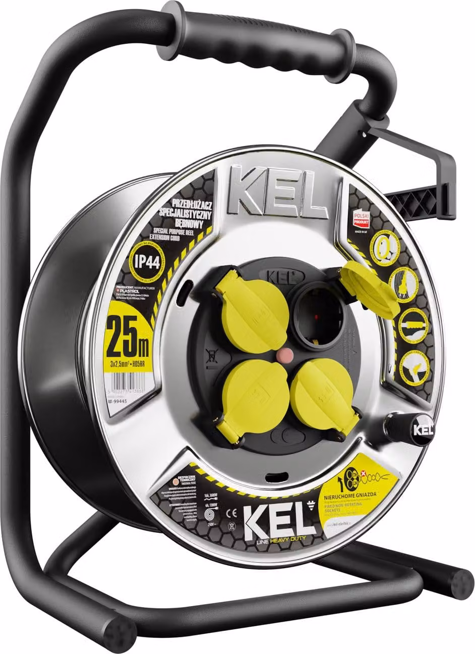 Avvolgicavo 25m HEAVY LINE 3x2,5mm nero con tamburo in metallo 4x prese 230V