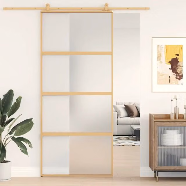 Porta Scorrevole vidaXL in Alluminio e Vetro Smerigliato, Colore Oro, L: 90 cm, H: 205 cm
