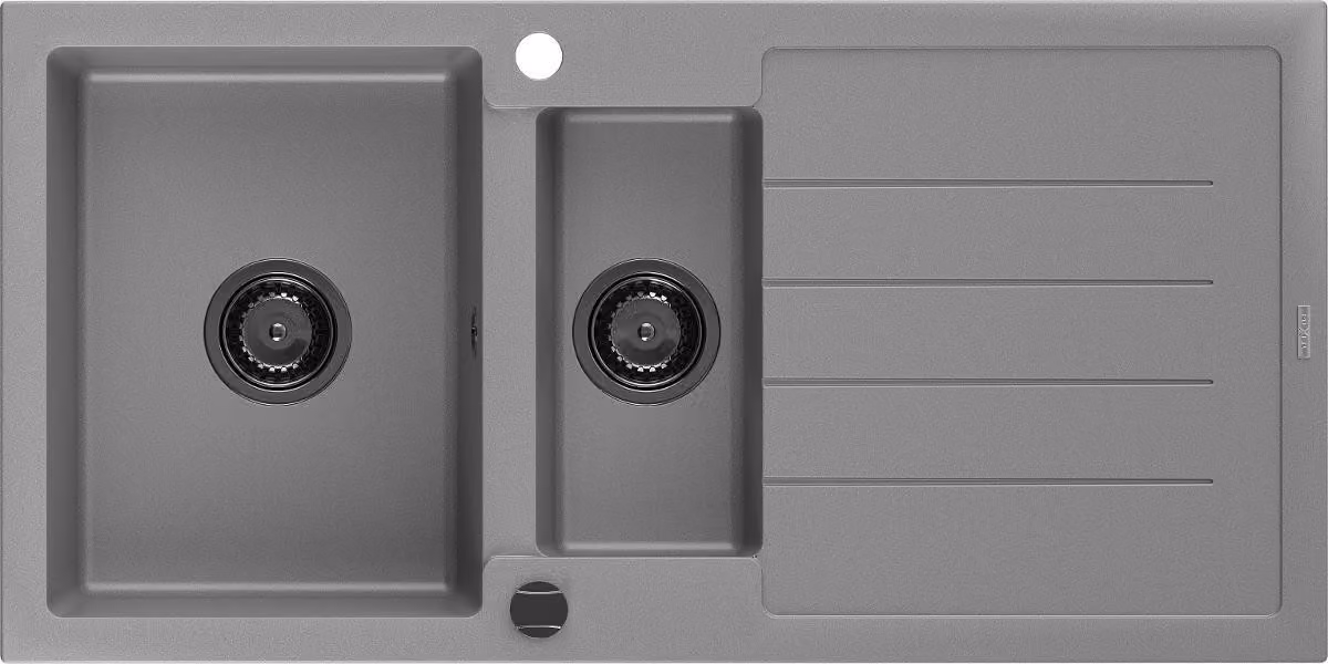 Mexen Andres lavello in granito 1,5 vasche con sgocciolatoio 1000 x 500 mm, grigio, sifone nero - 6515101510-71-B