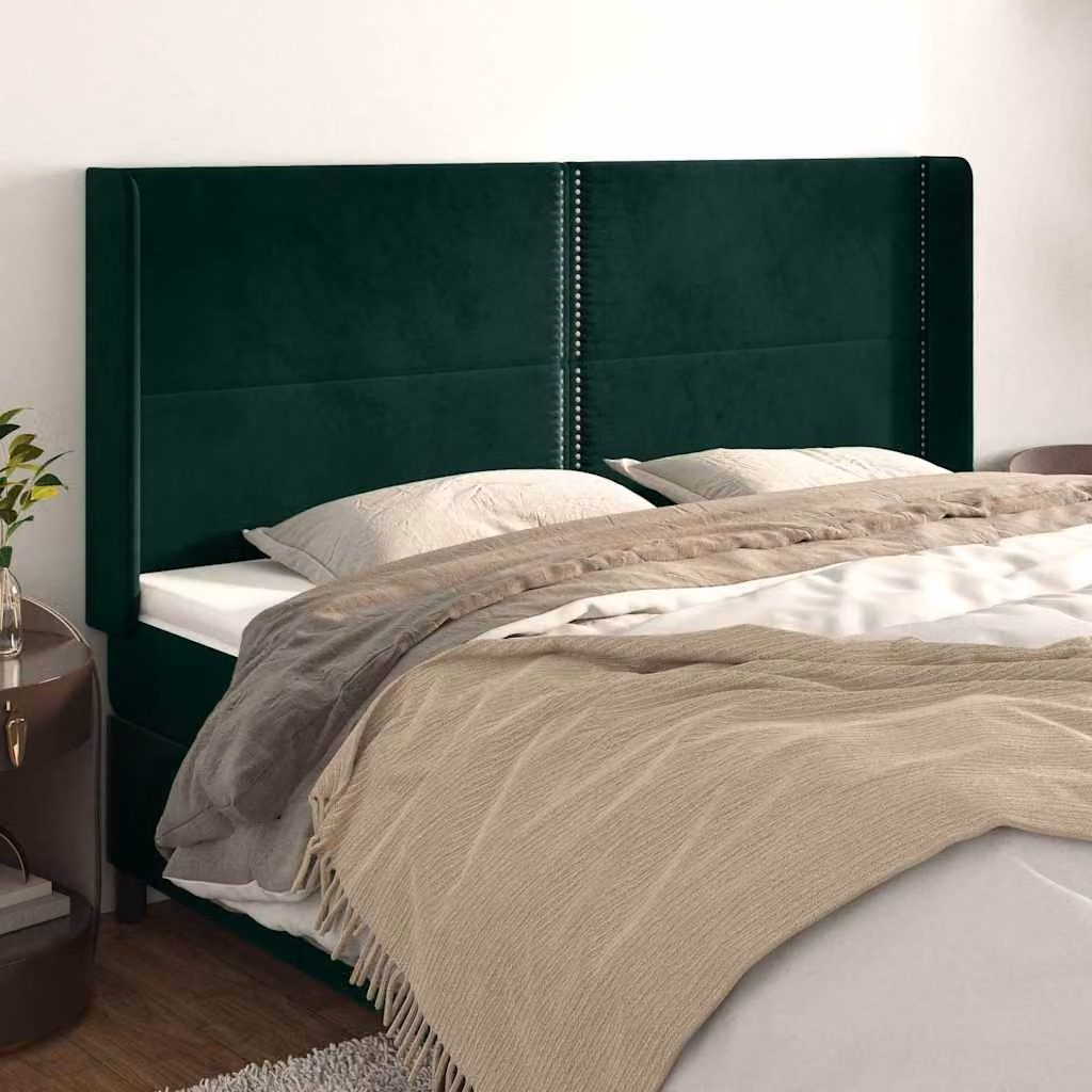 Testiera per letto vidaXL in velluto verde scuro con struttura in legno e pannello imbottito L: 203 cm, P: 16 cm, H: 118/128 cm