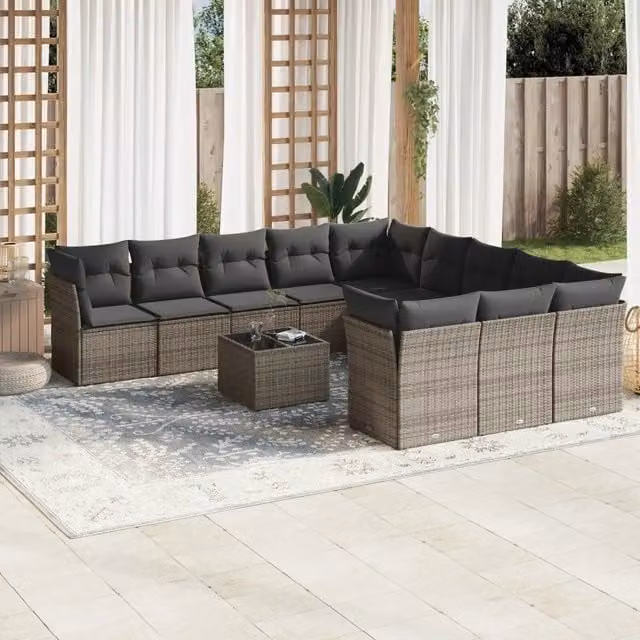 Set di divani da giardino VIDAXL in polyrattan grigio con cuscini, composizione a forma di U per 12 persone