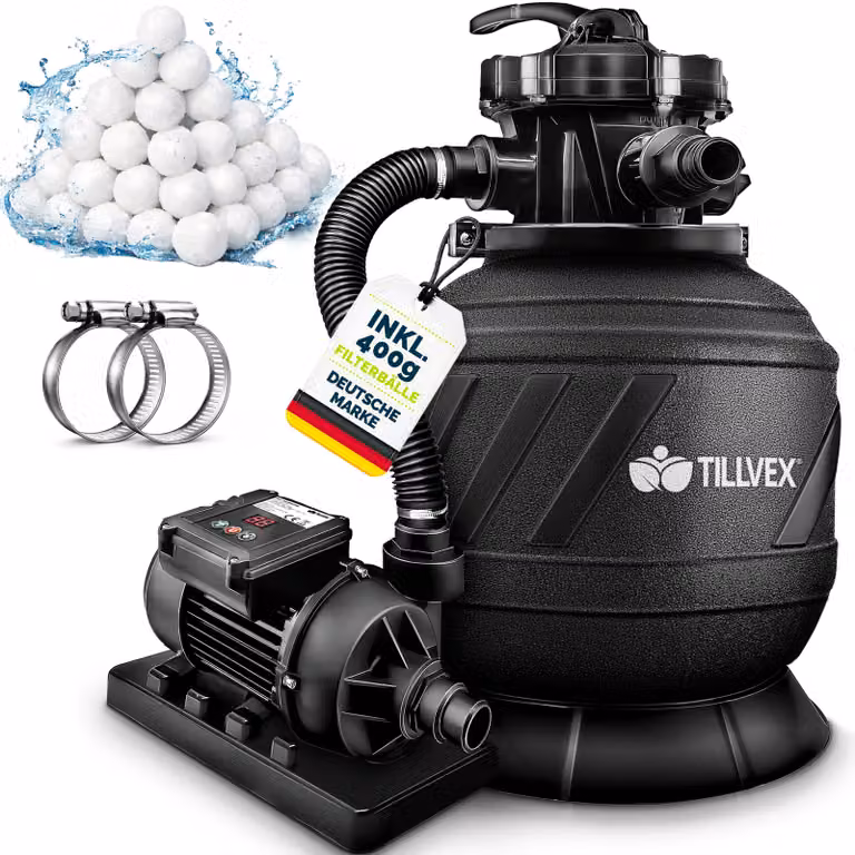 Impianto di filtrazione a sabbia tillvex® per piscina con timer 7.900 l/h, incl. 400 g di sfere filtranti | Impianto di filtrazione con valvola a 7 vie e adattatore 2 in 1 Ø 32 mm - 38 mm | Filtro per piscina con manometro | Filtro a sabbia per piscine Aq
