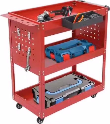 Carrello, 3 livelli di stoccaggio, cassetto con serratura, rosso