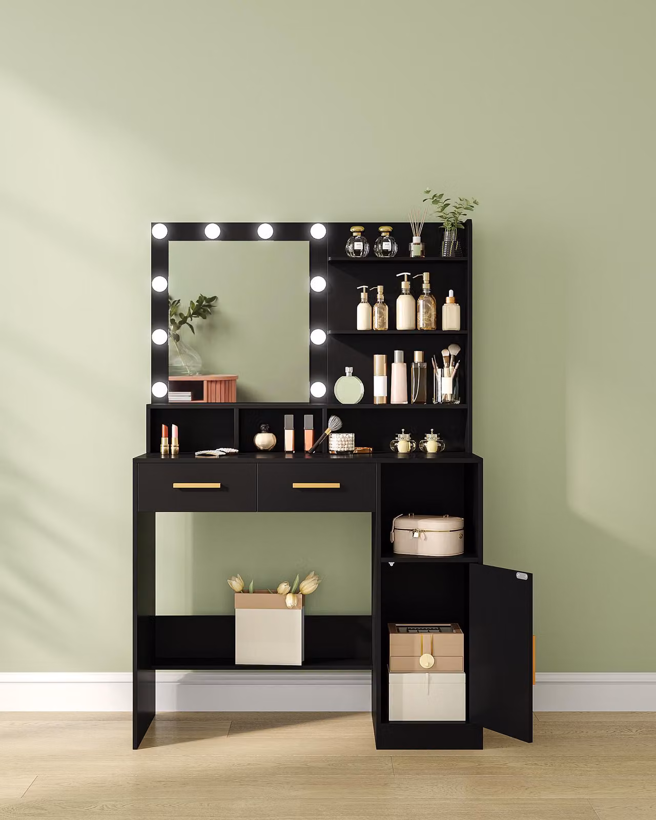 Comò con specchio e illuminazione a LED - 2 cassetti e 1 vano contenitore - Realizzato in legno truciolato - Design moderno e minimalista