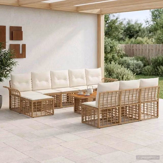 Set Divano da Giardino 11 pz Naturale e Bianco Crema polyrattan 3438016