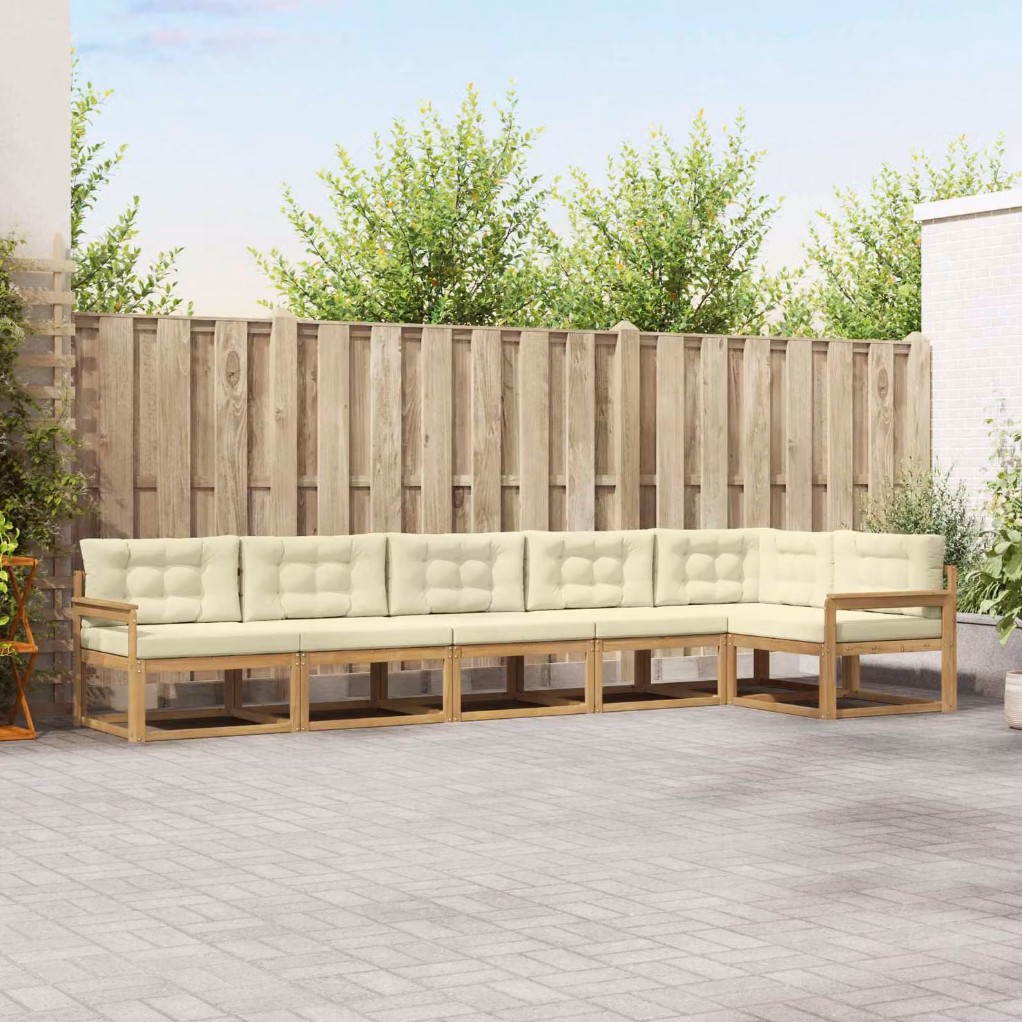 Set di divani da esterno a L vidaXL in legno di acacia con cuscini, Bianco, Beige e Marrone