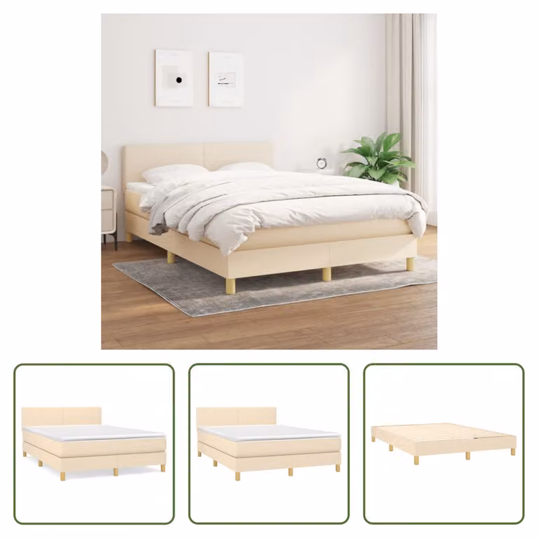 The Living Store Letto a molle con materasso crema 140x190 cm in tessuto