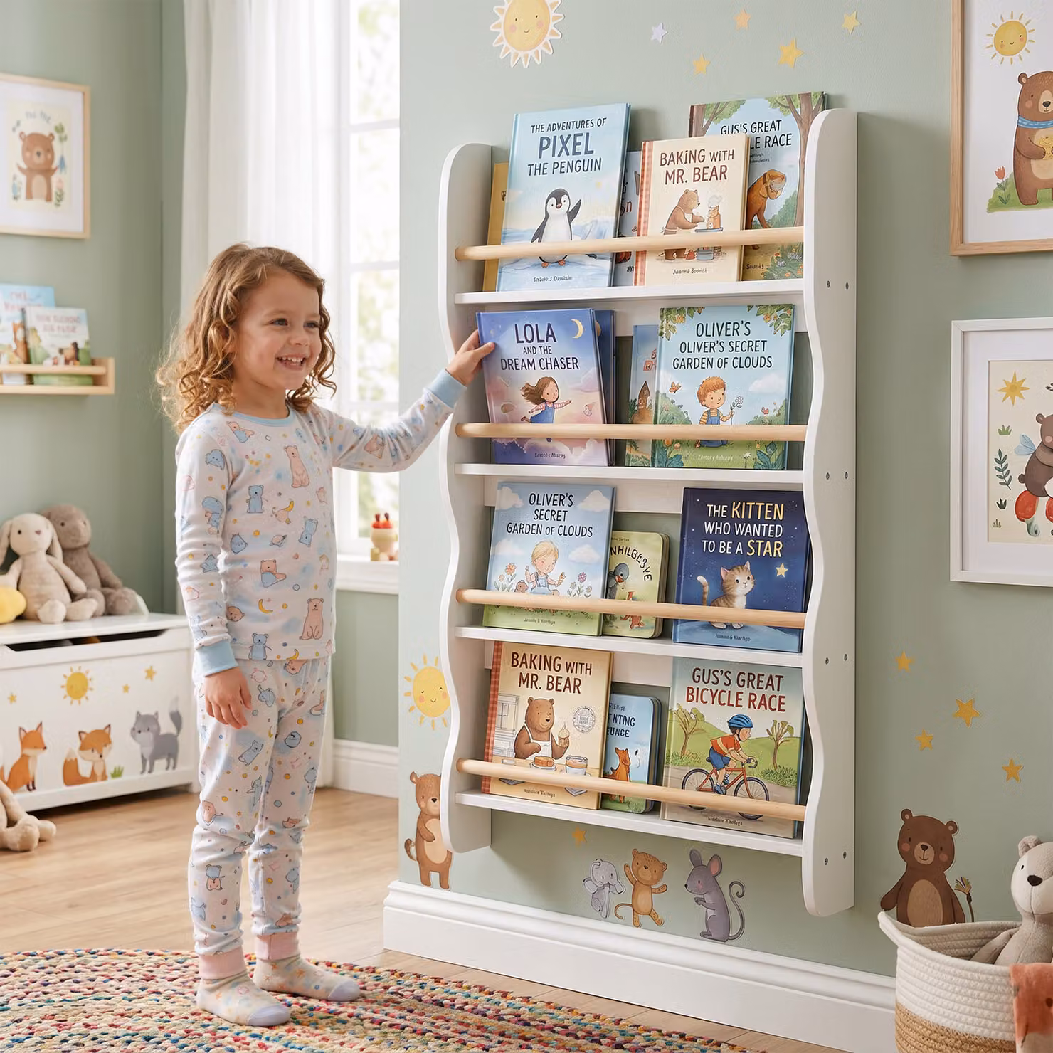 Libreria Montessori da parete AIYAPLAY per bambini con 4 ripiani, colore bianco, L: 60 cm, P: 10 cm, H: 98 cm – 2