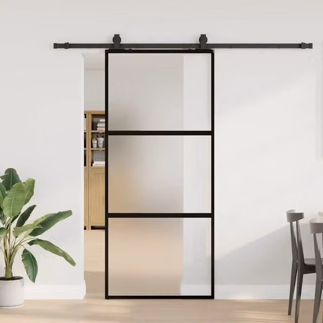 Porta Scorrevole Moderna vidaXL in Vetro e Alluminio Nero L: 90 cm, H: 205 cm – 1