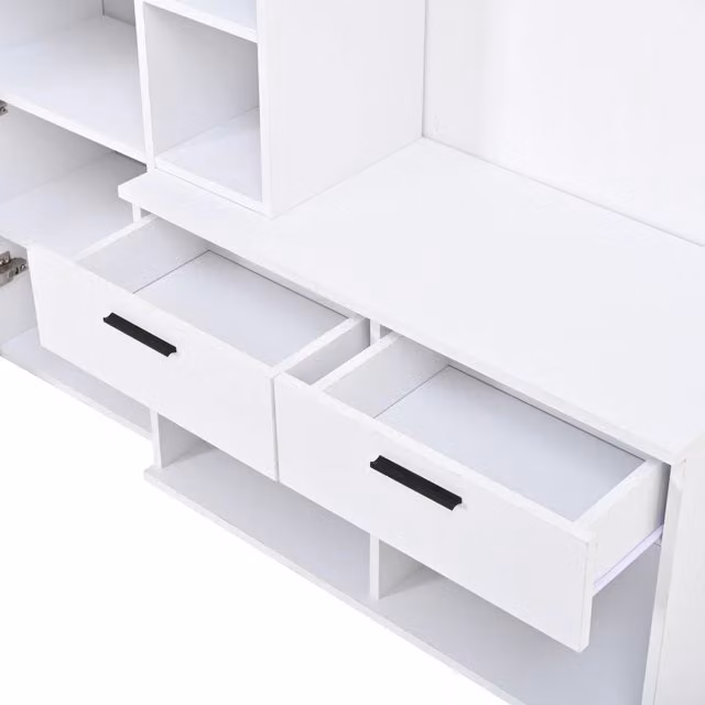 Mobile da ingresso con specchio; asta; scarpiera; 2 cassetti e 4 ganci; MDF; bianco; 120x35x175;5 cm