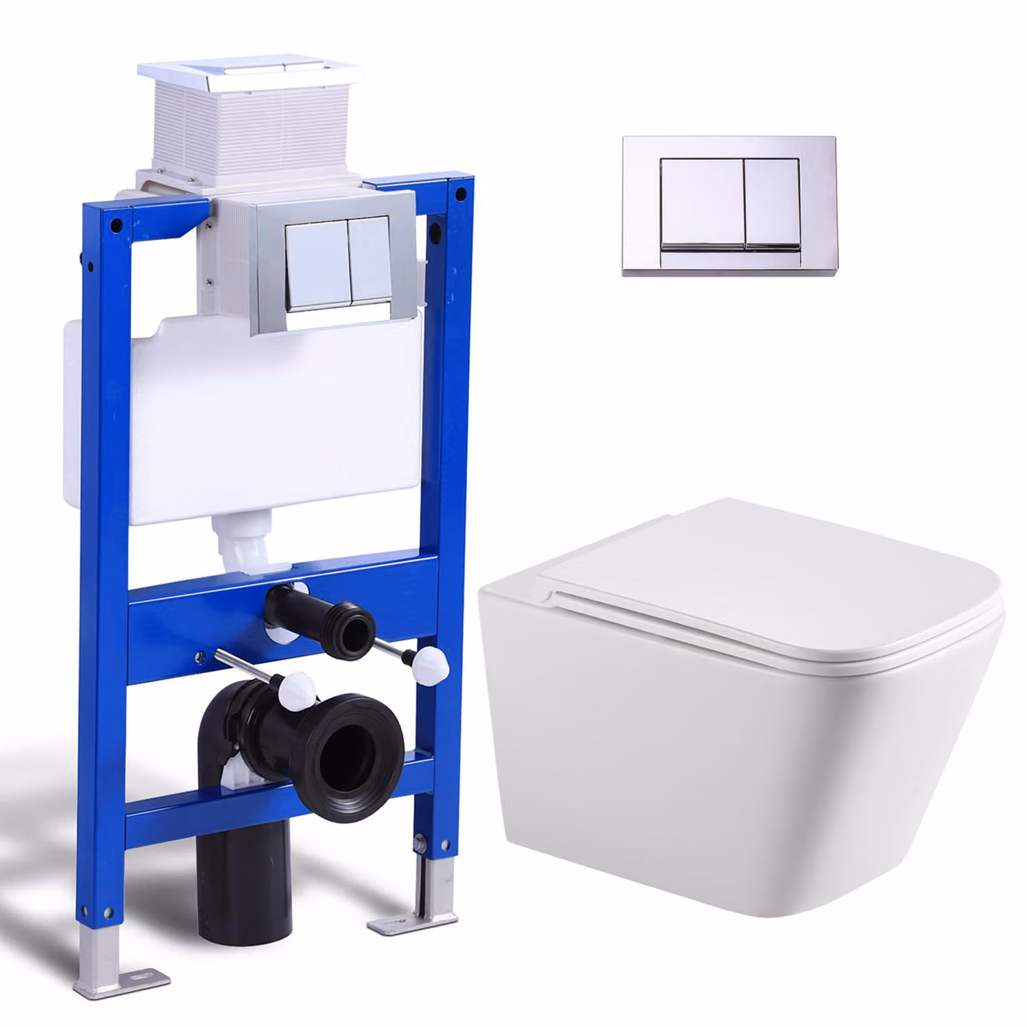 Set completo per WC a parete - cassetta di scarico da 82 cm + WC sospeso senza bordo + placca di spinta rettangolare cromata HOROW
