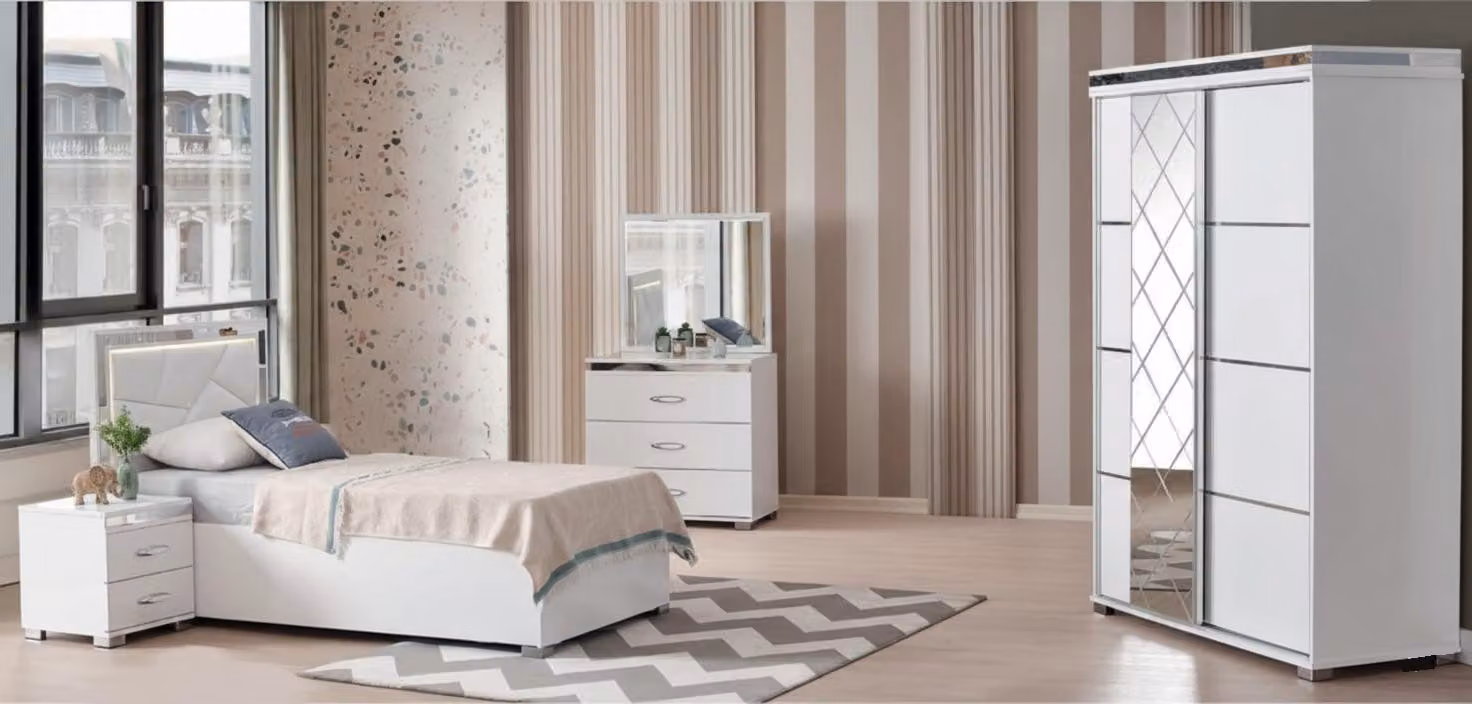 Set completo per camera da letto per adolescenti, elegante e composto da 4 elementi, con letto e spazio contenitivo