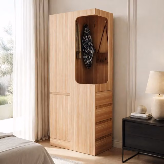 Armadio in legno naturale con una porta, 4 cassetti e vano appendiabiti aperto, L: 70 cm, P: 40 cm, H: 170 cm