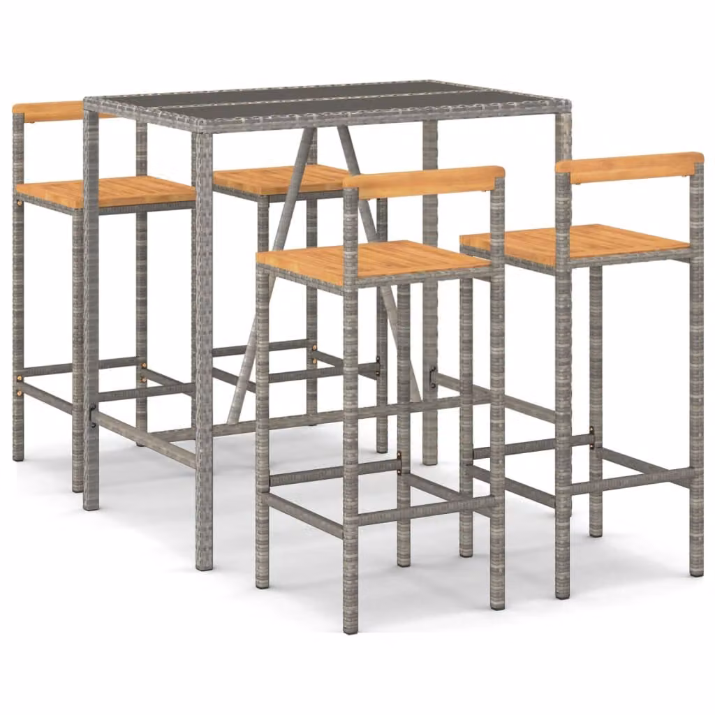 Set Bar Giardino 5pz Grigio Polyrattan e Legno Massello Acacia