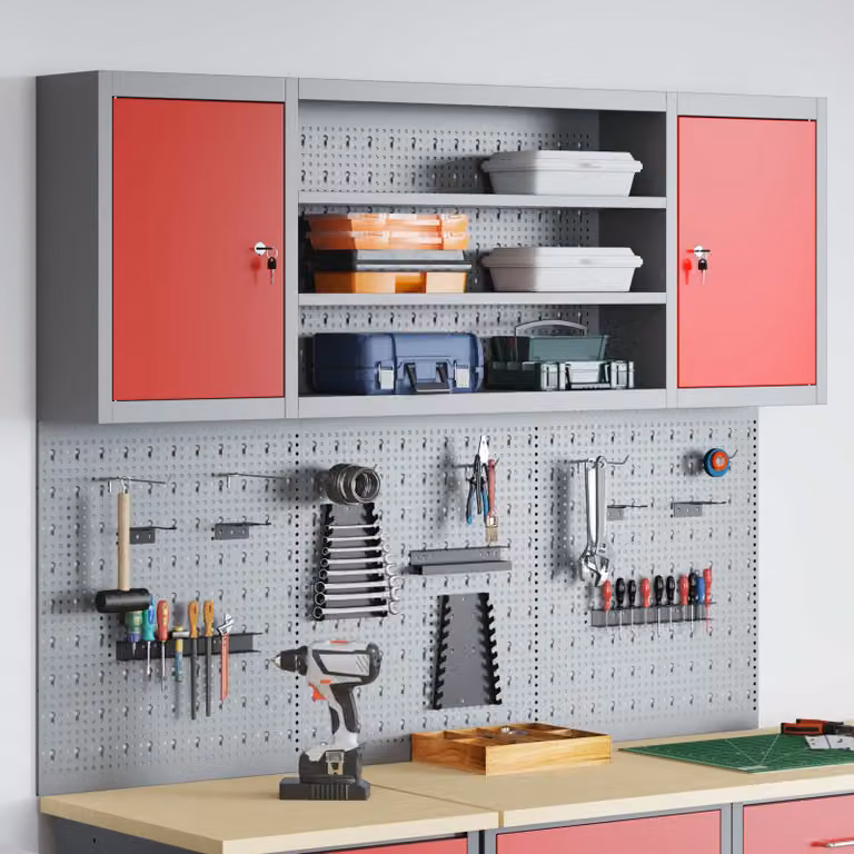 Set di 4 armadi per attrezzi da parete vidaXL in metallo rosso e grigio con scaffali interni e serratura